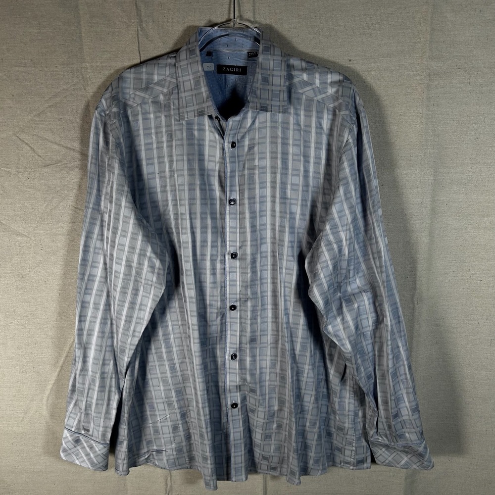 Zagiri Mens 2XLT Blue Grey Geometric Plaid Button Down Shirt 100% Cotton Tall